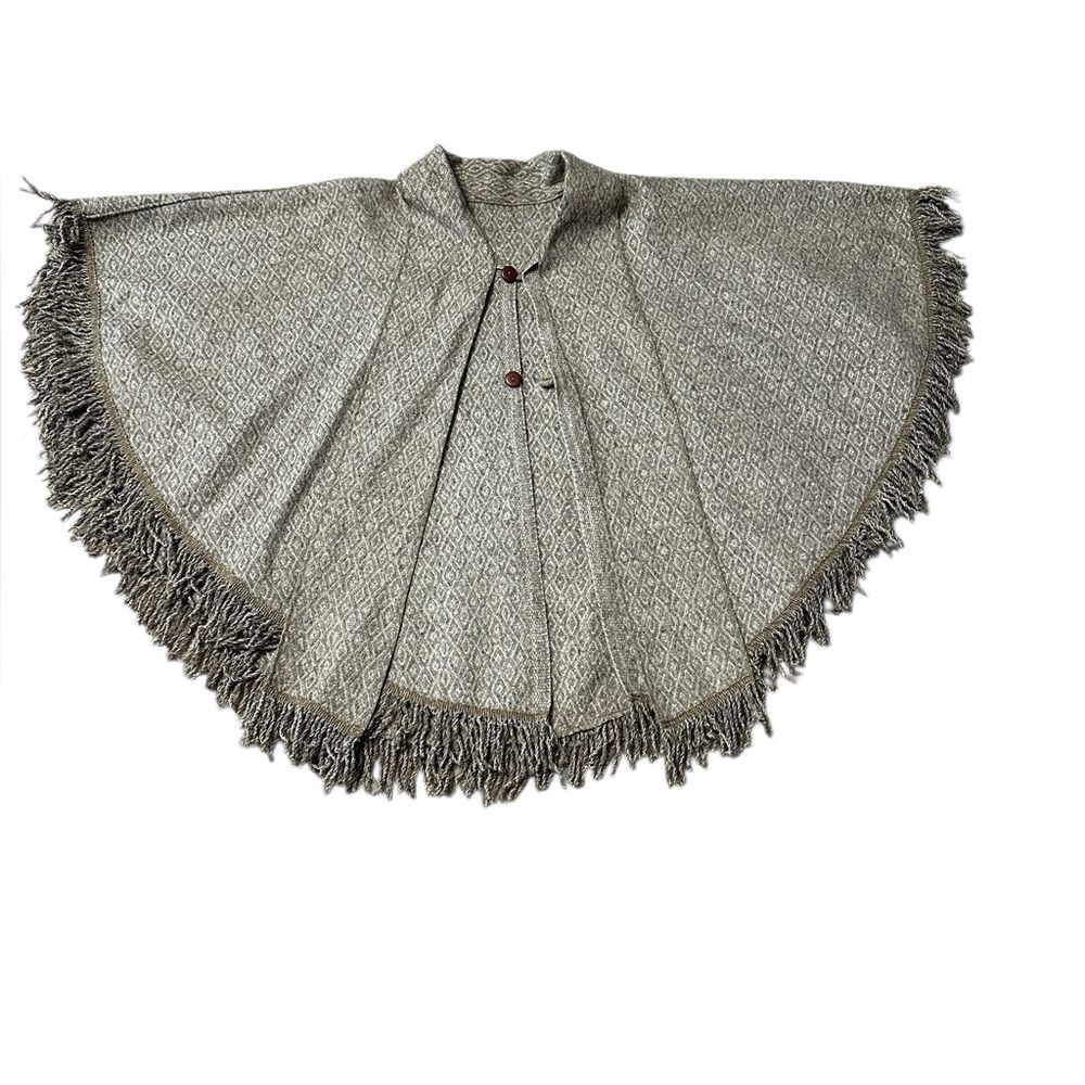 Wool Blend Cape Poncho Mexican Inspired Fringe Brown Gray Boho Wrap
